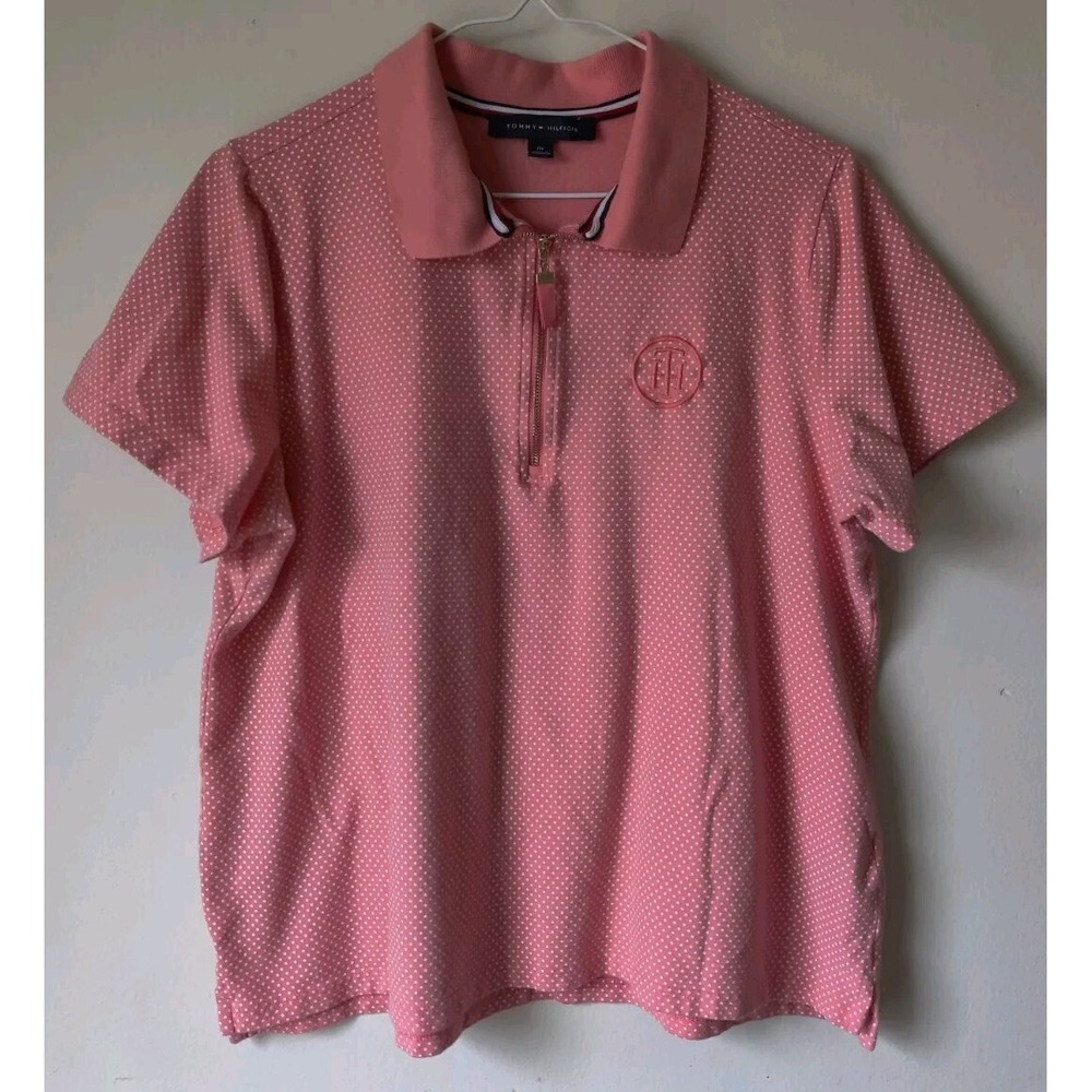 Tommy Hilfiger Polo Shirt Womens Plus SS Coral Polka Dot Zipper Neck Size 0X